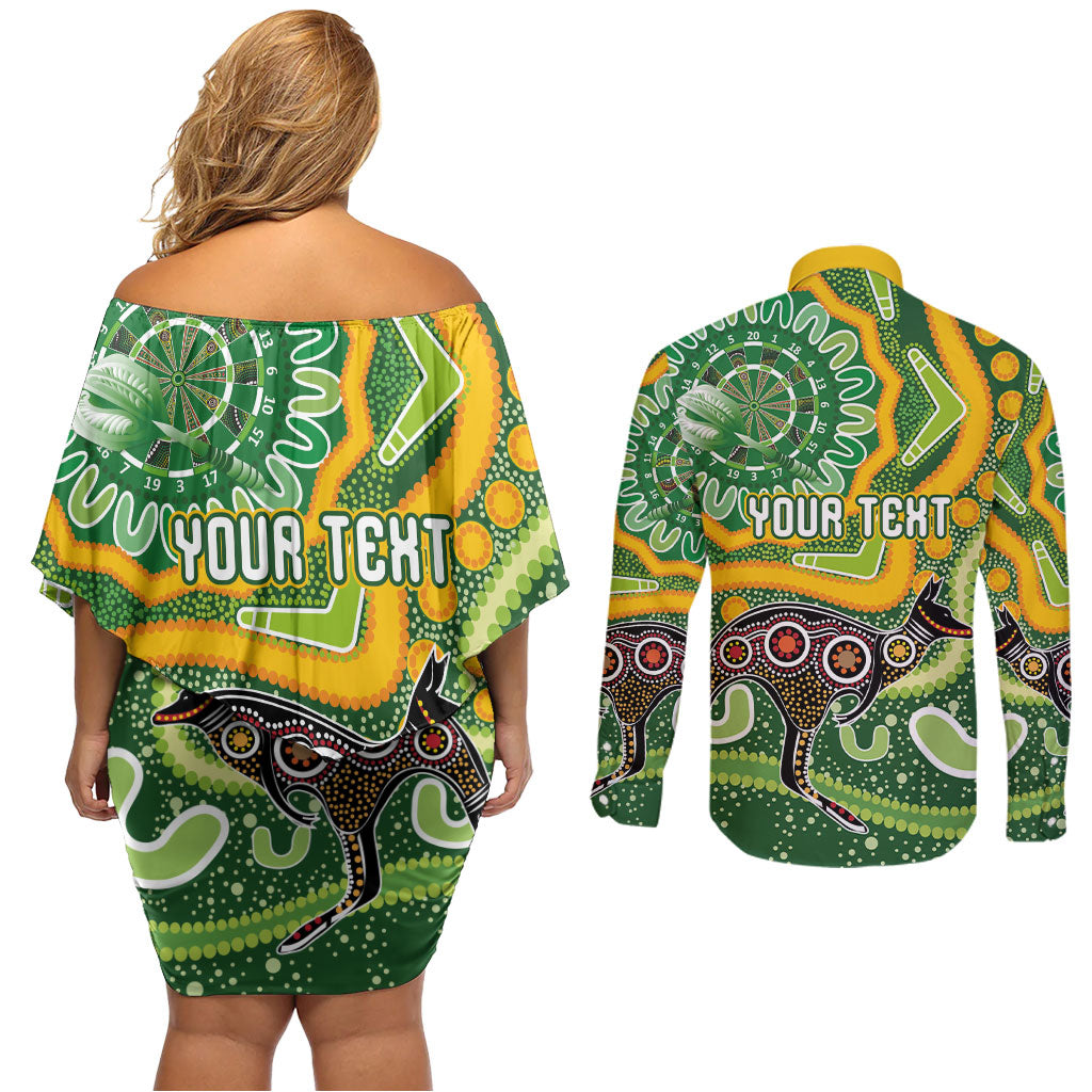 Australia Darts Personalised Couples Matching Off Shoulder Short Dress and Long Sleeve Button Shirt Aboriginal Dot Art Boomerang Indigenous Style Graphic