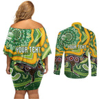 Australia Darts Personalised Couples Matching Off Shoulder Short Dress and Long Sleeve Button Shirt Aboriginal Dot Art Boomerang Indigenous Style Graphic