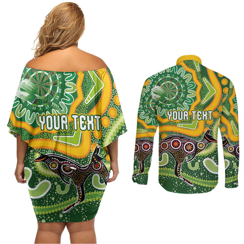 Australia Darts Personalised Couples Matching Off Shoulder Short Dress and Long Sleeve Button Shirt Aboriginal Dot Art Boomerang Indigenous Style Graphic