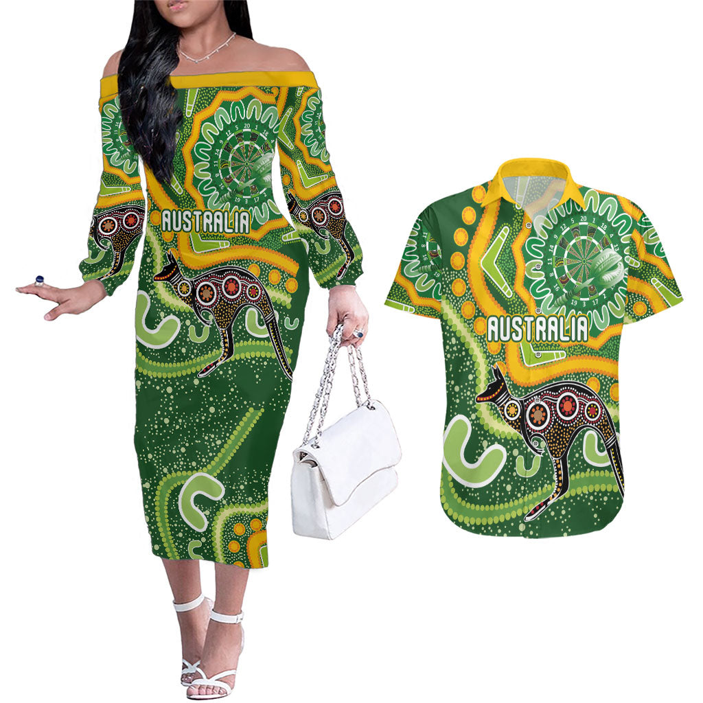 Australia Darts Personalised Couples Matching Off The Shoulder Long Sleeve Dress and Hawaiian Shirt Aboriginal Dot Art Boomerang Indigenous Style Graphic