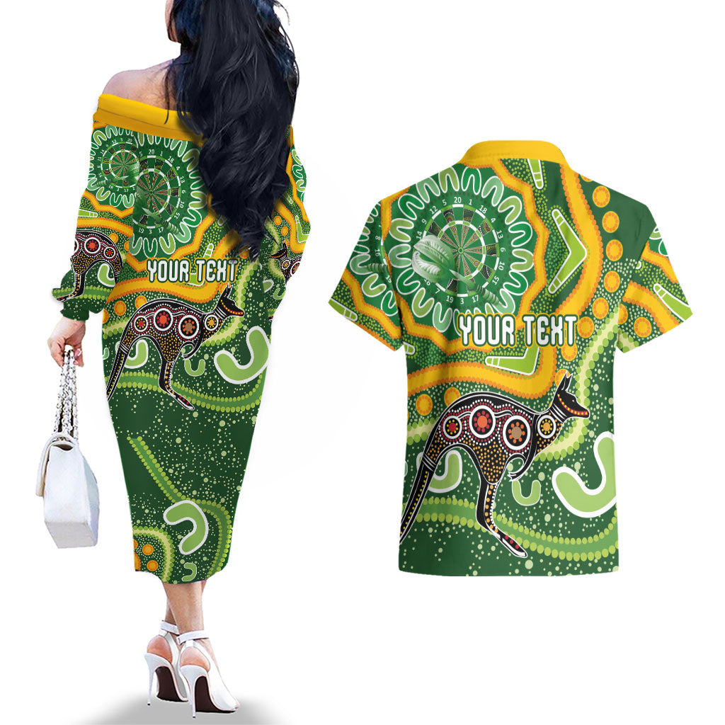 Australia Darts Personalised Couples Matching Off The Shoulder Long Sleeve Dress and Hawaiian Shirt Aboriginal Dot Art Boomerang Indigenous Style Graphic