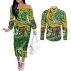 Australia Darts Personalised Couples Matching Off The Shoulder Long Sleeve Dress and Long Sleeve Button Shirt Aboriginal Dot Art Boomerang Indigenous Style Graphic