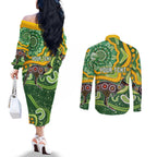 Australia Darts Personalised Couples Matching Off The Shoulder Long Sleeve Dress and Long Sleeve Button Shirt Aboriginal Dot Art Boomerang Indigenous Style Graphic
