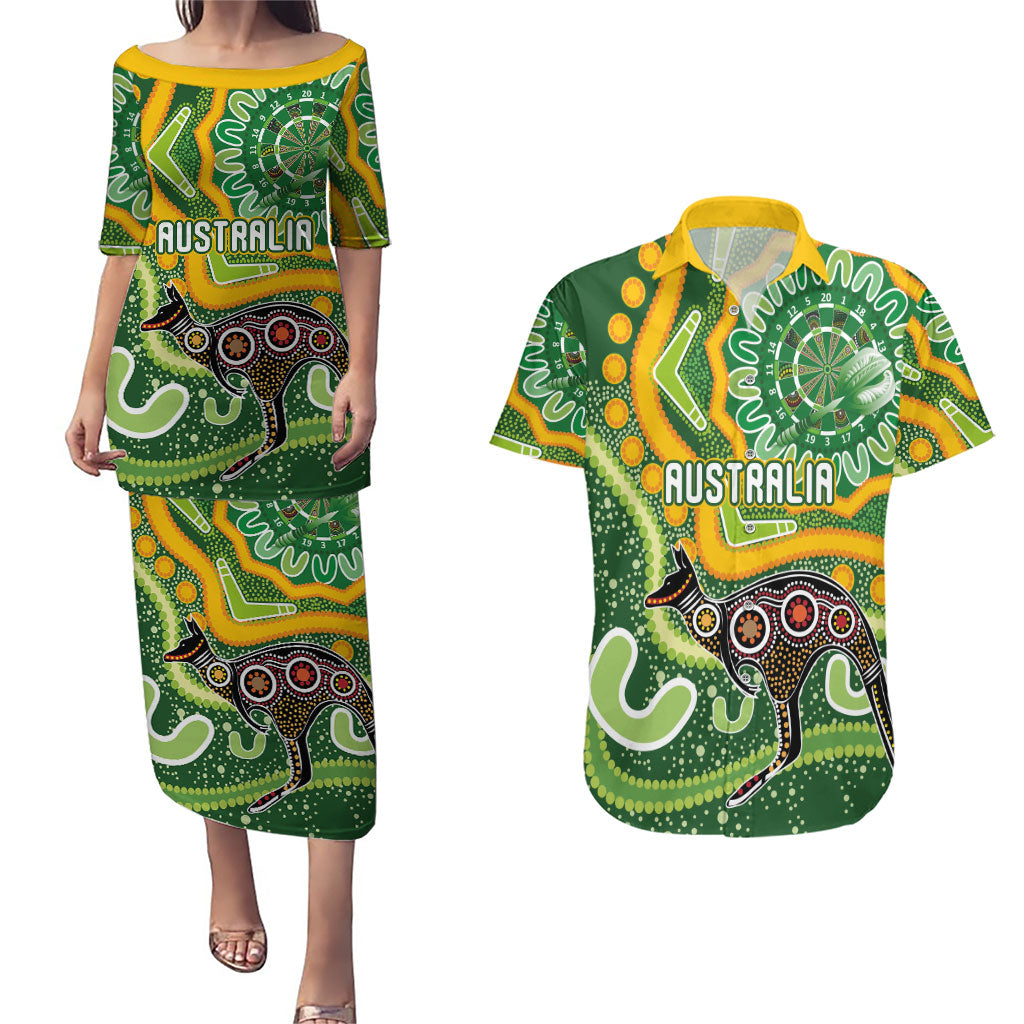 Australia Darts Personalised Couples Matching Puletasi and Hawaiian Shirt Aboriginal Dot Art Boomerang Indigenous Style Graphic