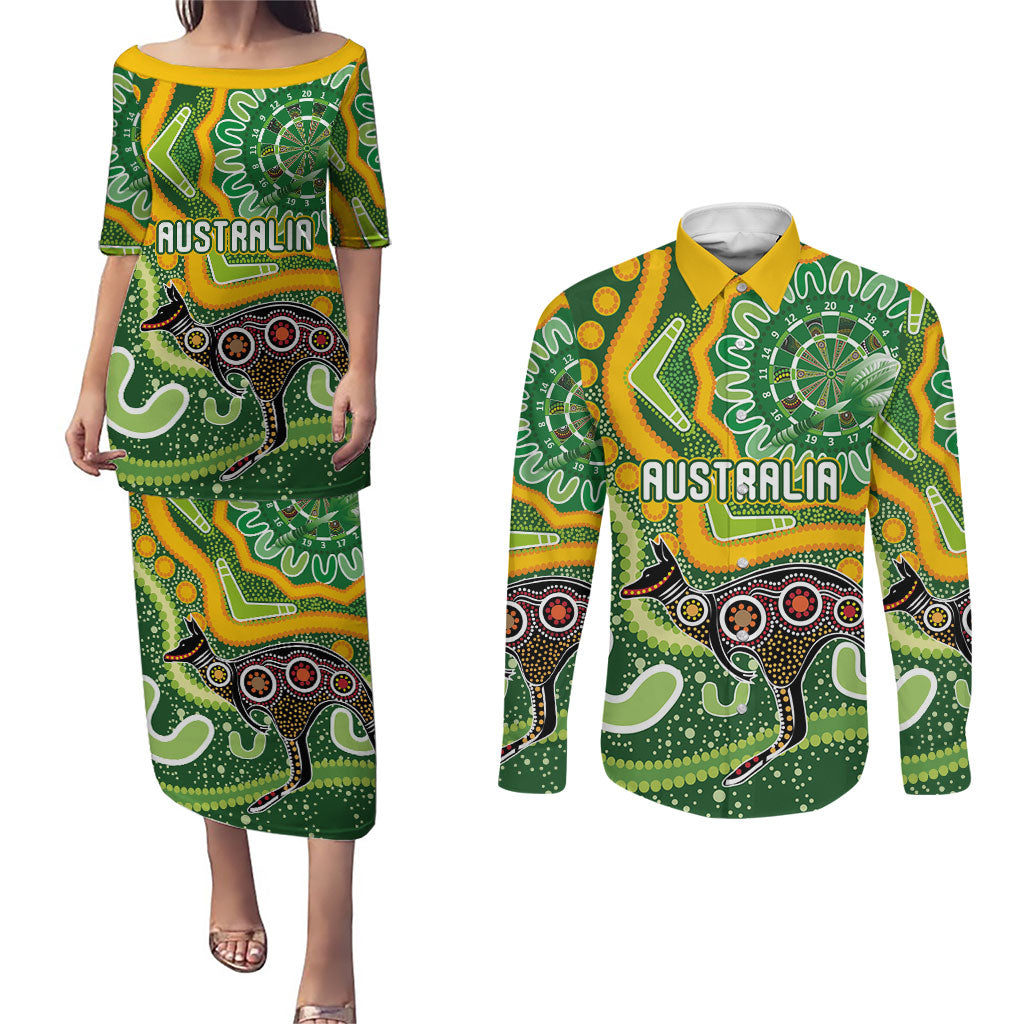 Australia Darts Personalised Couples Matching Puletasi and Long Sleeve Button Shirt Aboriginal Dot Art Boomerang Indigenous Style Graphic
