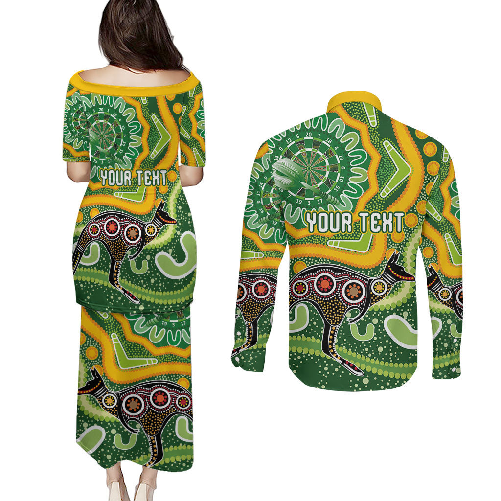 Australia Darts Personalised Couples Matching Puletasi and Long Sleeve Button Shirt Aboriginal Dot Art Boomerang Indigenous Style Graphic