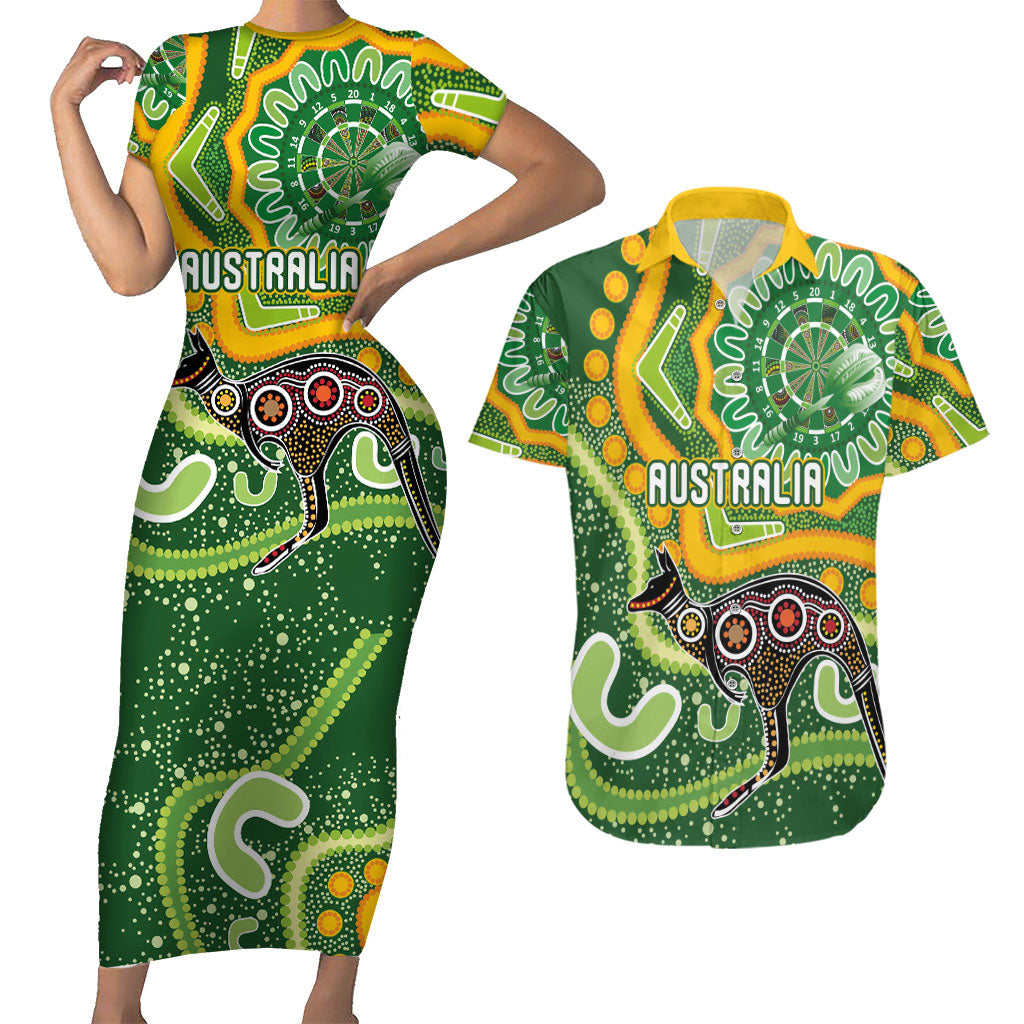 Australia Darts Personalised Couples Matching Short Sleeve Bodycon Dress and Hawaiian Shirt Aboriginal Dot Art Boomerang Indigenous Style Graphic