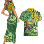 Australia Darts Personalised Couples Matching Short Sleeve Bodycon Dress and Hawaiian Shirt Aboriginal Dot Art Boomerang Indigenous Style Graphic