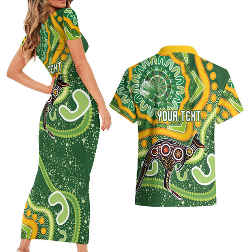 Australia Darts Personalised Couples Matching Short Sleeve Bodycon Dress and Hawaiian Shirt Aboriginal Dot Art Boomerang Indigenous Style Graphic
