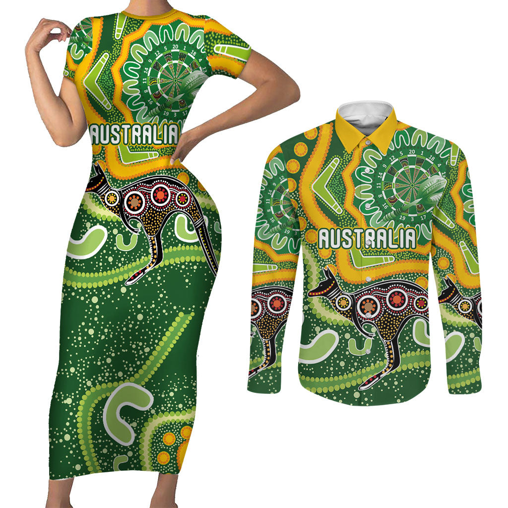 Australia Darts Personalised Couples Matching Short Sleeve Bodycon Dress and Long Sleeve Button Shirt Aboriginal Dot Art Boomerang Indigenous Style Graphic