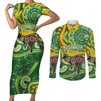 Australia Darts Personalised Couples Matching Short Sleeve Bodycon Dress and Long Sleeve Button Shirt Aboriginal Dot Art Boomerang Indigenous Style Graphic