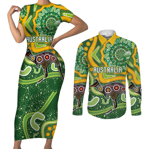Australia Darts Personalised Couples Matching Short Sleeve Bodycon Dress and Long Sleeve Button Shirt Aboriginal Dot Art Boomerang Indigenous Style Graphic