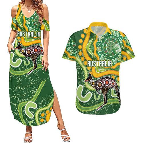 Australia Darts Personalised Couples Matching Summer Maxi Dress and Hawaiian Shirt Aboriginal Dot Art Boomerang Indigenous Style Graphic