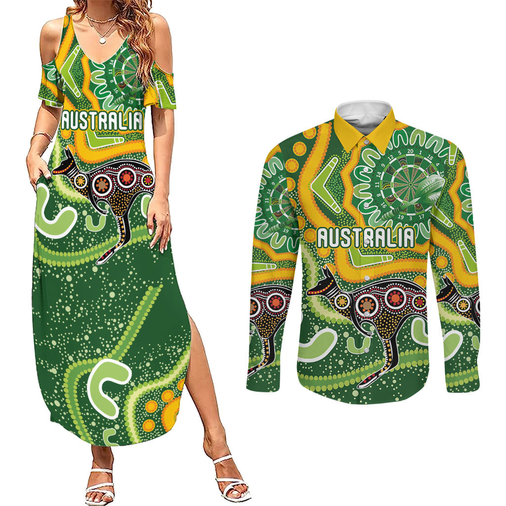 Australia Darts Personalised Couples Matching Summer Maxi Dress and Long Sleeve Button Shirt Aboriginal Dot Art Boomerang Indigenous Style Graphic