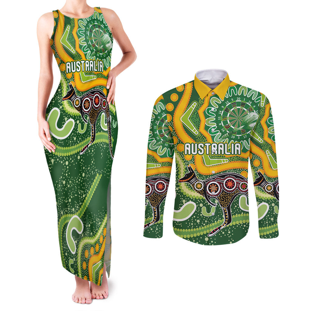 Australia Darts Personalised Couples Matching Tank Maxi Dress and Long Sleeve Button Shirt Aboriginal Dot Art Boomerang Indigenous Style Graphic