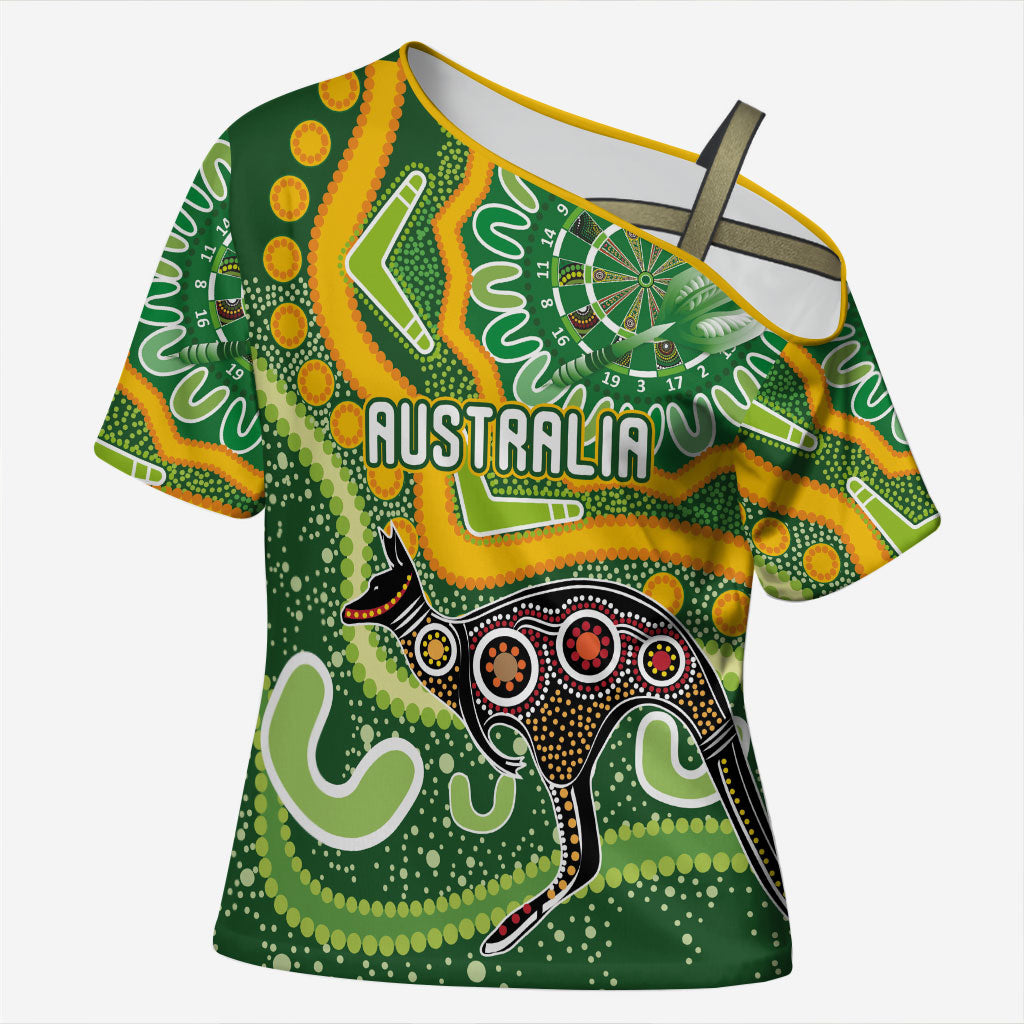 Australia Darts Personalised Cross Shoulder Shirt Aboriginal Dot Art Boomerang Indigenous Style Graphic
