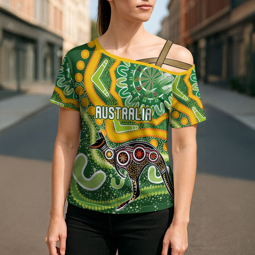 Australia Darts Personalised Cross Shoulder Shirt Aboriginal Dot Art Boomerang Indigenous Style Graphic