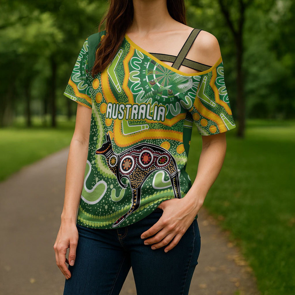 Australia Darts Personalised Cross Shoulder Shirt Aboriginal Dot Art Boomerang Indigenous Style Graphic