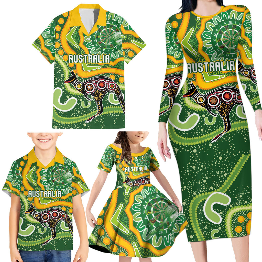 Australia Darts Personalised Family Matching Long Sleeve Bodycon Dress and Hawaiian Shirt Aboriginal Dot Art Boomerang Indigenous Style Graphic