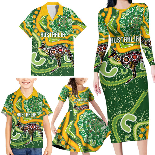 Australia Darts Personalised Family Matching Long Sleeve Bodycon Dress and Hawaiian Shirt Aboriginal Dot Art Boomerang Indigenous Style Graphic