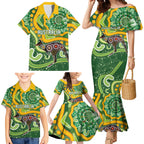 Australia Darts Personalised Family Matching Mermaid Dress and Hawaiian Shirt Aboriginal Dot Art Boomerang Indigenous Style Graphic