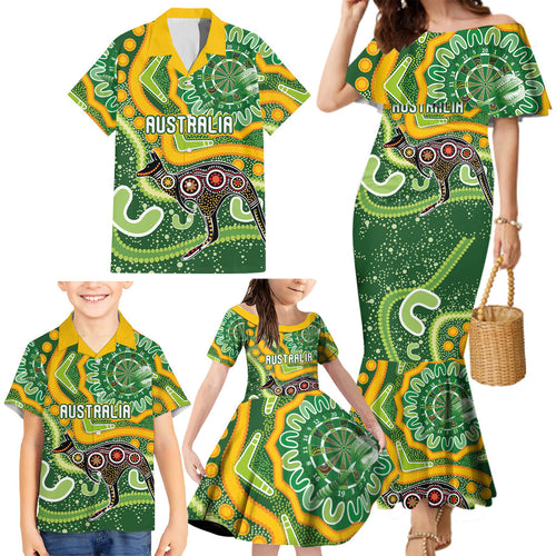 Australia Darts Personalised Family Matching Mermaid Dress and Hawaiian Shirt Aboriginal Dot Art Boomerang Indigenous Style Graphic