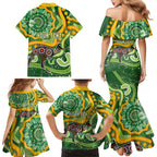 Australia Darts Personalised Family Matching Mermaid Dress and Hawaiian Shirt Aboriginal Dot Art Boomerang Indigenous Style Graphic