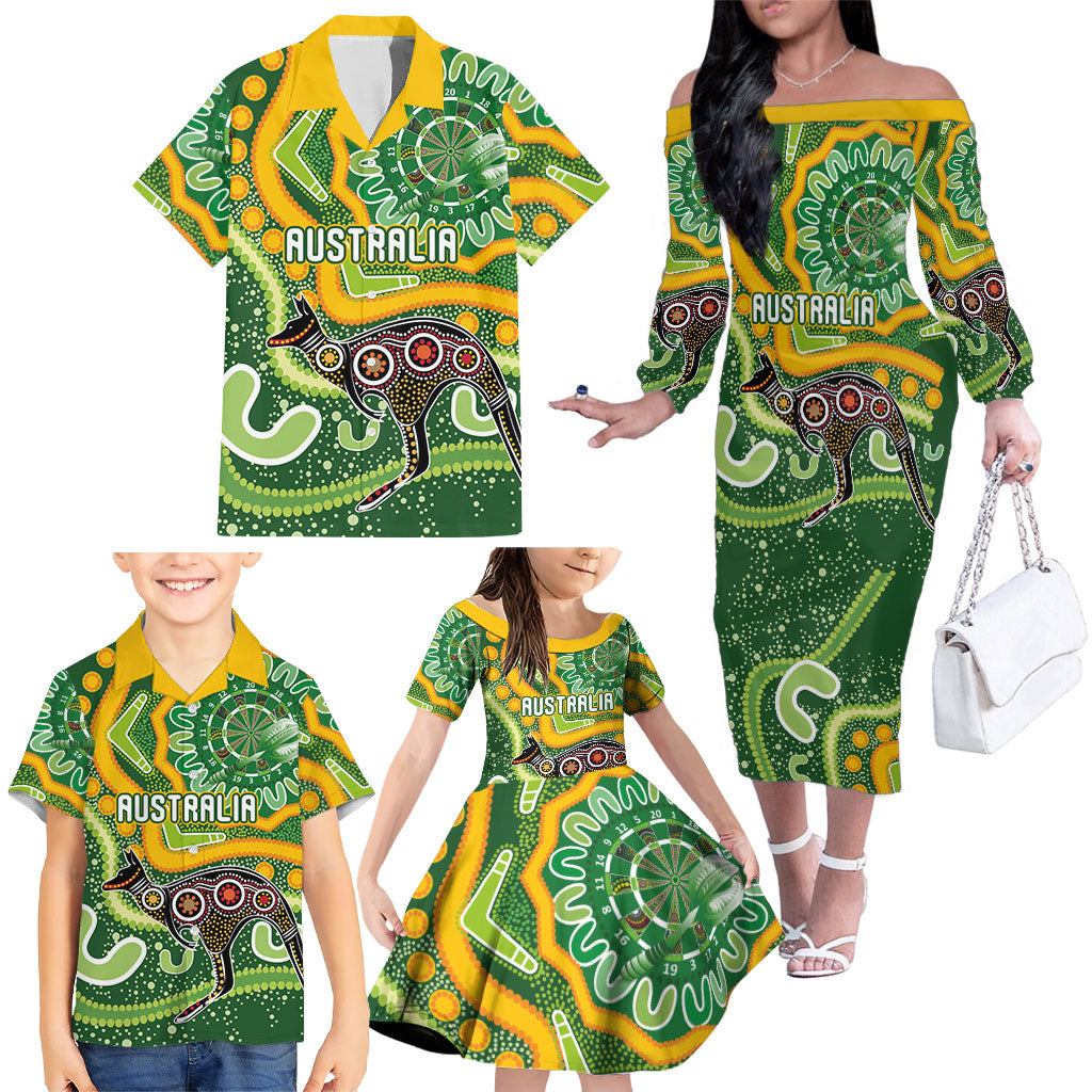 Australia Darts Personalised Family Matching Off The Shoulder Long Sleeve Dress and Hawaiian Shirt Aboriginal Dot Art Boomerang Indigenous Style Graphic