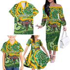 Australia Darts Personalised Family Matching Off The Shoulder Long Sleeve Dress and Hawaiian Shirt Aboriginal Dot Art Boomerang Indigenous Style Graphic