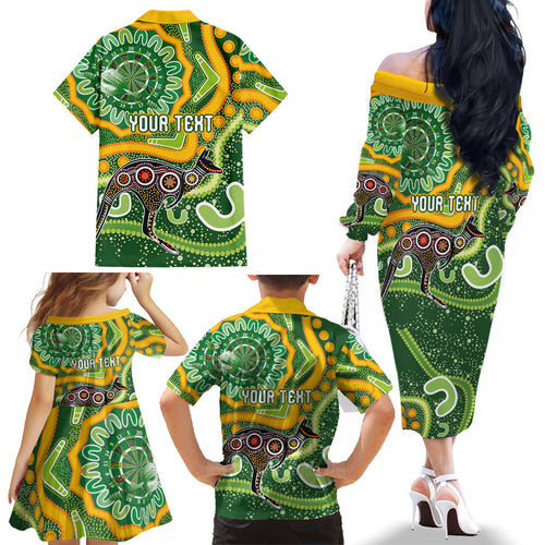Australia Darts Personalised Family Matching Off The Shoulder Long Sleeve Dress and Hawaiian Shirt Aboriginal Dot Art Boomerang Indigenous Style Graphic
