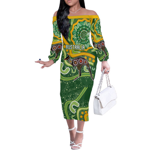 Australia Darts Personalised Family Matching Off The Shoulder Long Sleeve Dress and Hawaiian Shirt Aboriginal Dot Art Boomerang Indigenous Style Graphic