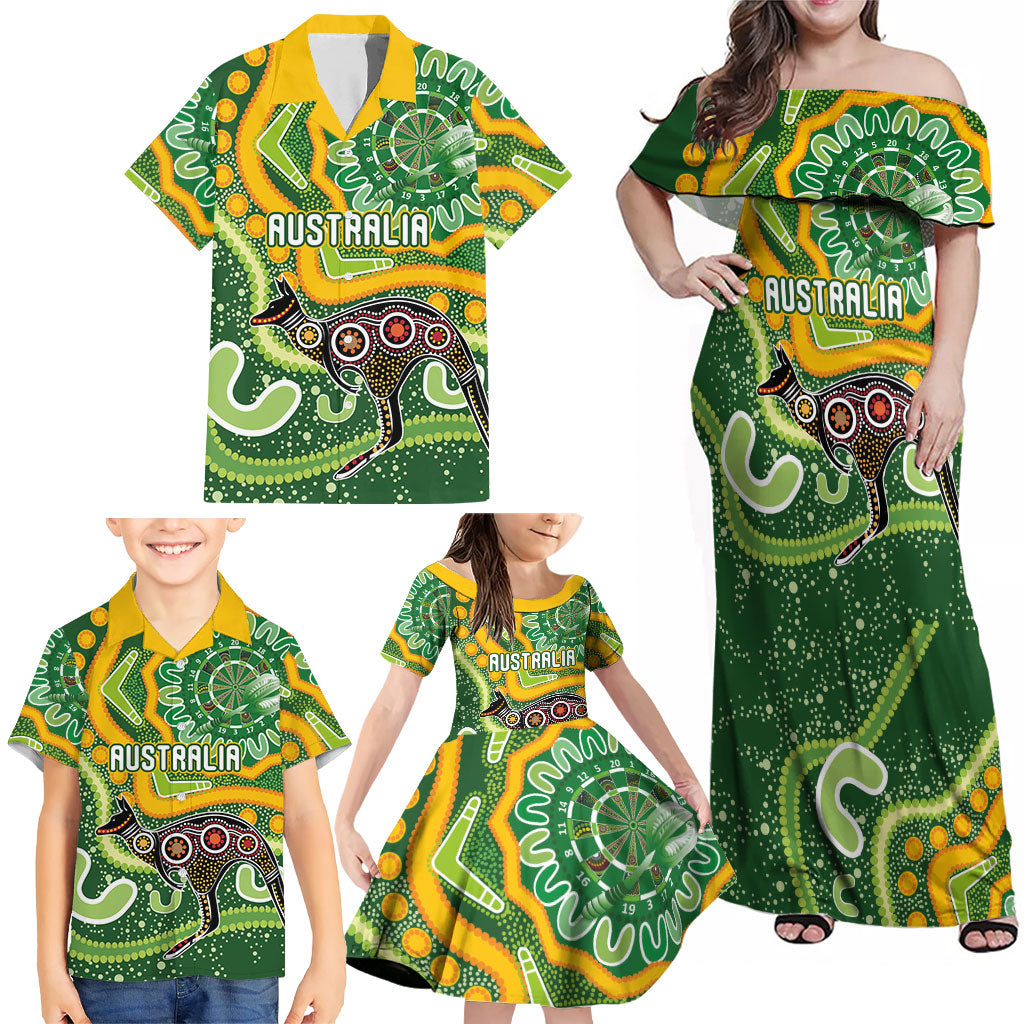 Australia Darts Personalised Family Matching Off Shoulder Maxi Dress and Hawaiian Shirt Aboriginal Dot Art Boomerang Indigenous Style Graphic