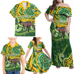 Australia Darts Personalised Family Matching Off Shoulder Maxi Dress and Hawaiian Shirt Aboriginal Dot Art Boomerang Indigenous Style Graphic