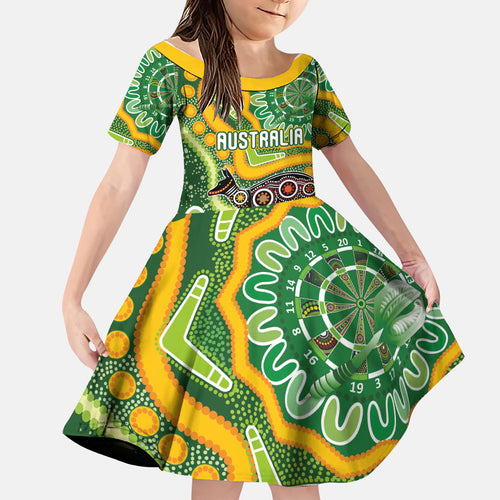 Australia Darts Personalised Family Matching Off Shoulder Maxi Dress and Hawaiian Shirt Aboriginal Dot Art Boomerang Indigenous Style Graphic