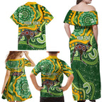 Australia Darts Personalised Family Matching Off Shoulder Maxi Dress and Hawaiian Shirt Aboriginal Dot Art Boomerang Indigenous Style Graphic