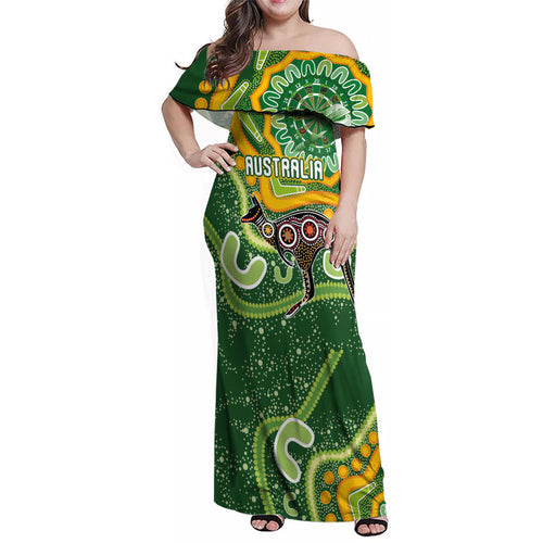Australia Darts Personalised Family Matching Off Shoulder Maxi Dress and Hawaiian Shirt Aboriginal Dot Art Boomerang Indigenous Style Graphic