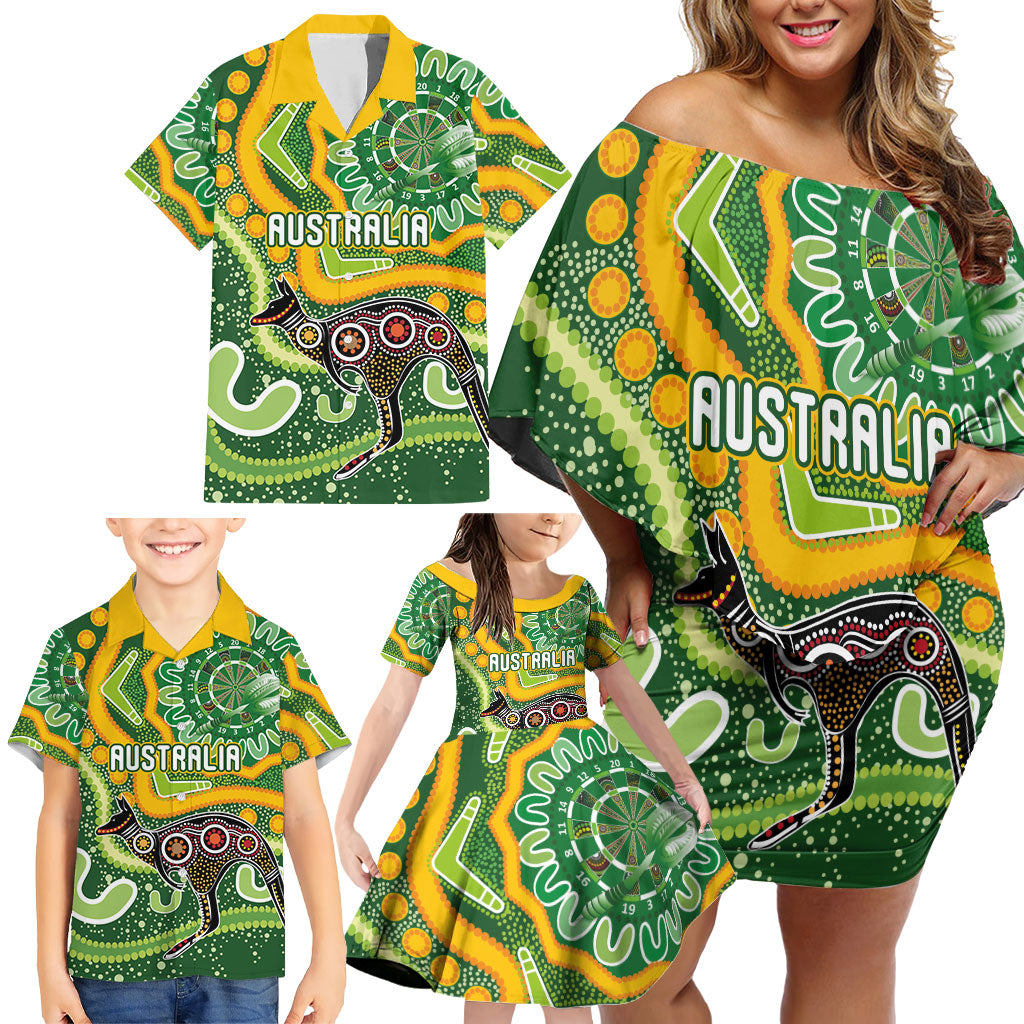Australia Darts Personalised Family Matching Off Shoulder Short Dress and Hawaiian Shirt Aboriginal Dot Art Boomerang Indigenous Style Graphic