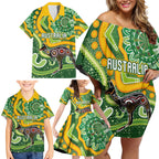 Australia Darts Personalised Family Matching Off Shoulder Short Dress and Hawaiian Shirt Aboriginal Dot Art Boomerang Indigenous Style Graphic