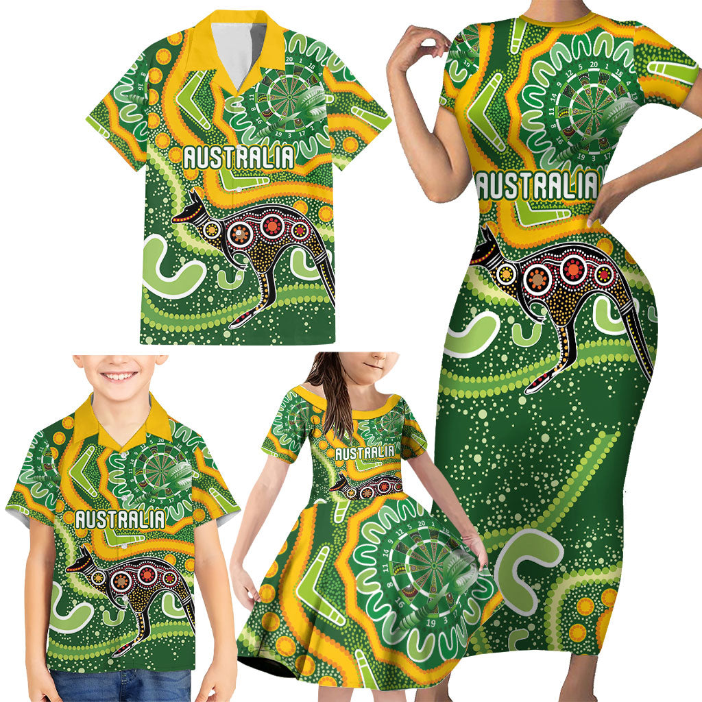 Australia Darts Personalised Family Matching Short Sleeve Bodycon Dress and Hawaiian Shirt Aboriginal Dot Art Boomerang Indigenous Style Graphic