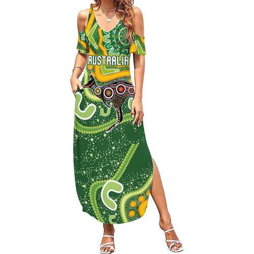 Australia Darts Personalised Family Matching Summer Maxi Dress and Hawaiian Shirt Aboriginal Dot Art Boomerang Indigenous Style Graphic