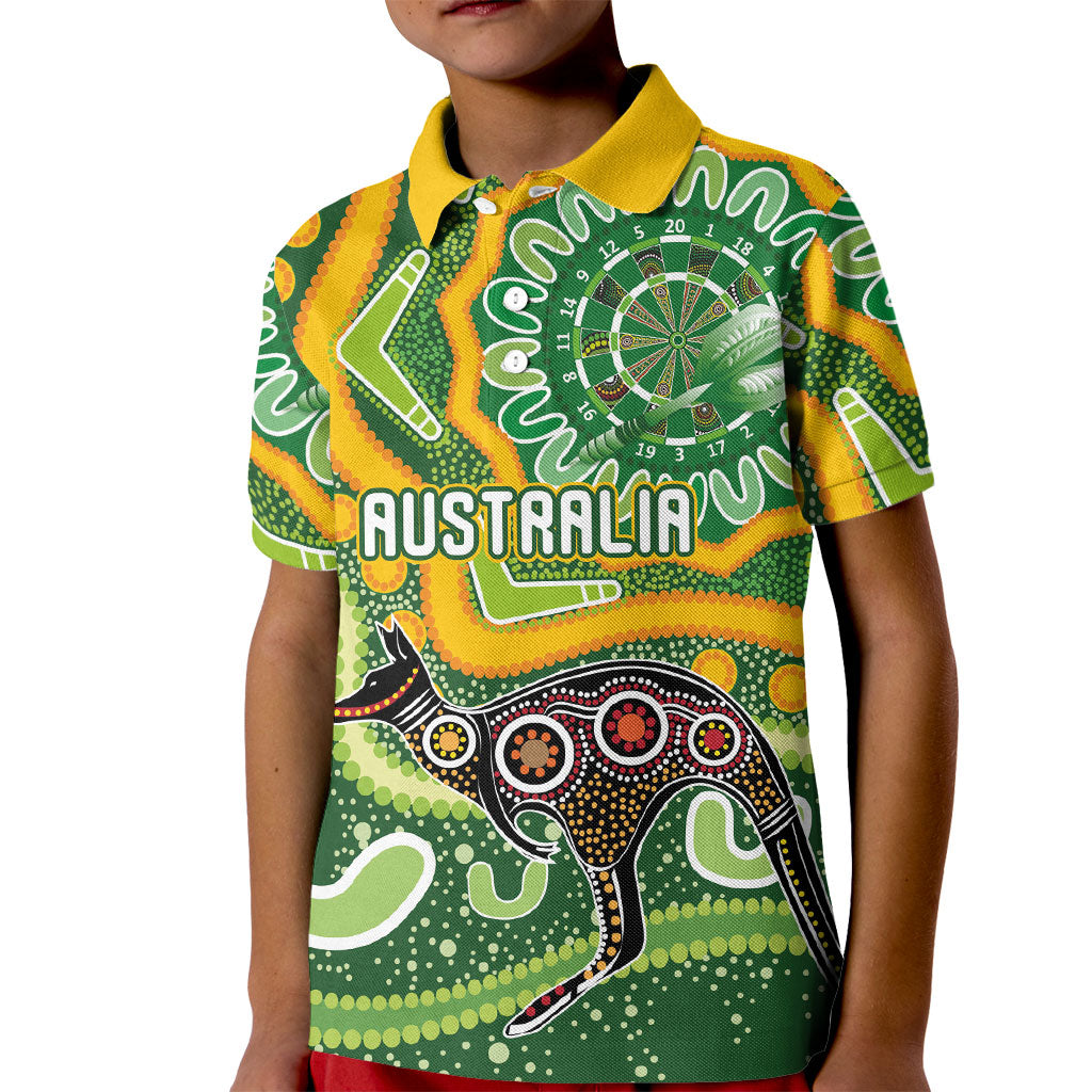 Australia Darts Personalised Kid Polo Shirt Aboriginal Dot Art Boomerang Indigenous Style Graphic