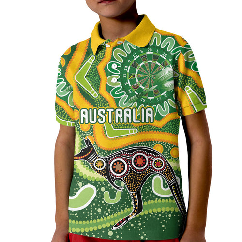 Australia Darts Personalised Kid Polo Shirt Aboriginal Dot Art Boomerang Indigenous Style Graphic