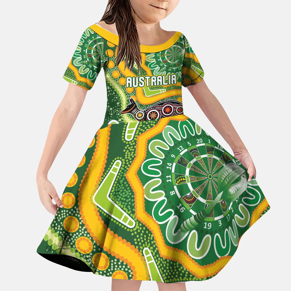 Australia Darts Personalised Kid Short Sleeve Dress Aboriginal Dot Art Boomerang Indigenous Style Graphic