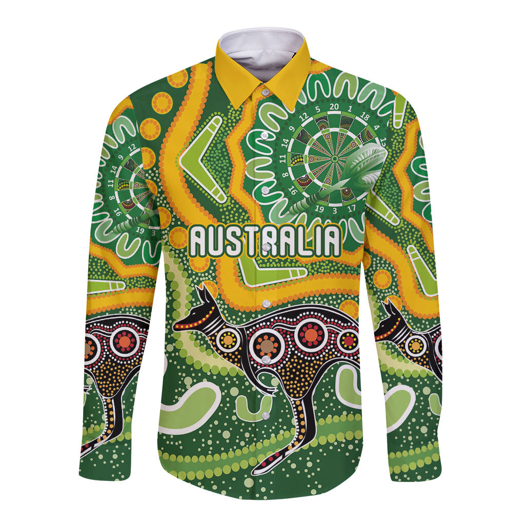 Australia Darts Personalised Long Sleeve Button Shirt Aboriginal Dot Art Boomerang Indigenous Style Graphic