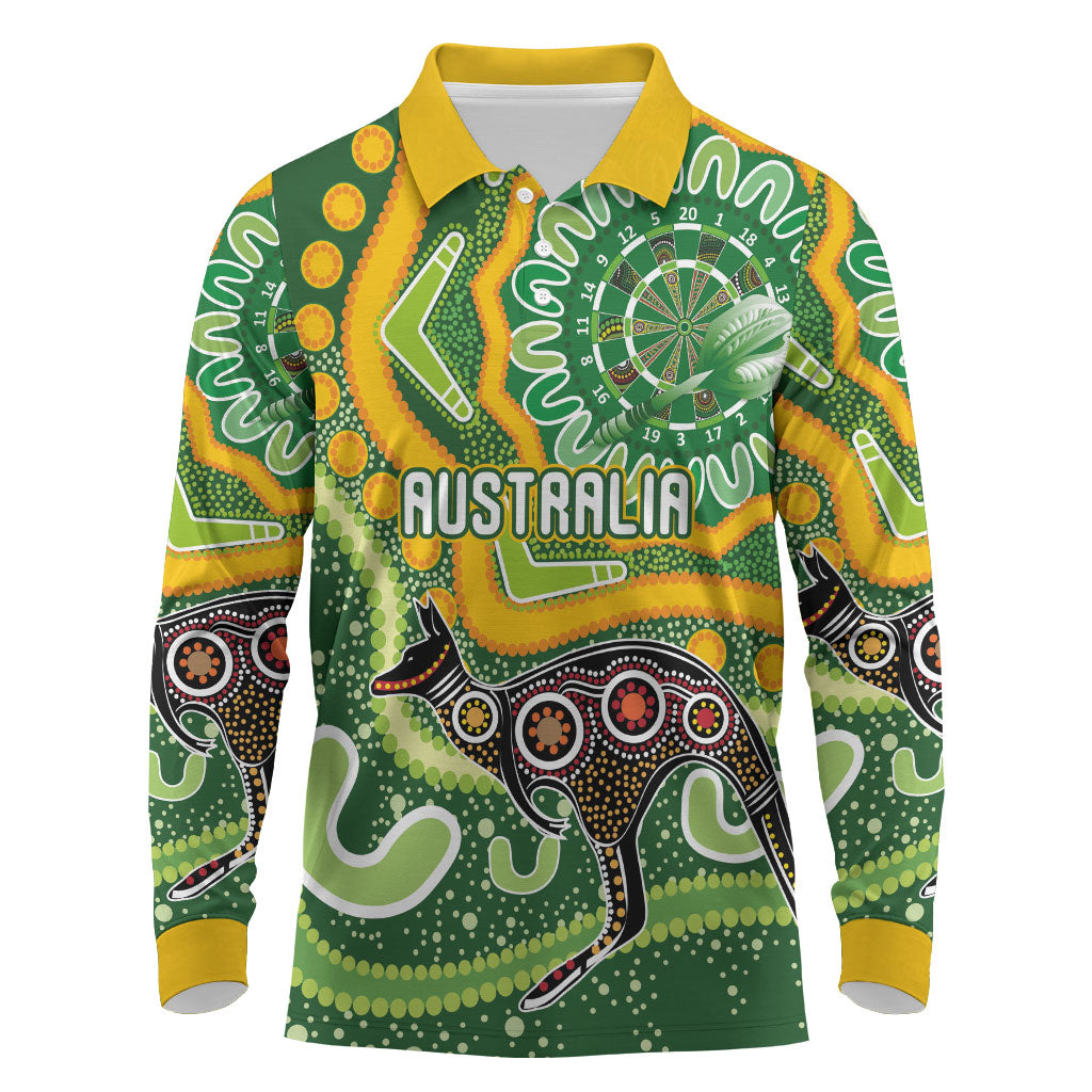 Australia Darts Personalised Long Sleeve Polo Shirt Aboriginal Dot Art Boomerang Indigenous Style Graphic