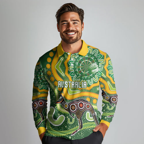 Australia Darts Personalised Long Sleeve Polo Shirt Aboriginal Dot Art Boomerang Indigenous Style Graphic