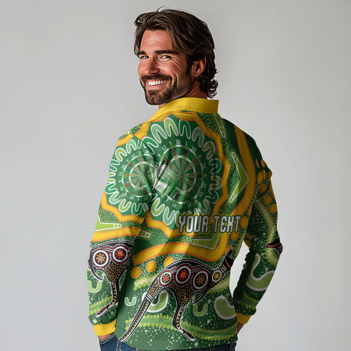 Australia Darts Personalised Long Sleeve Polo Shirt Aboriginal Dot Art Boomerang Indigenous Style Graphic