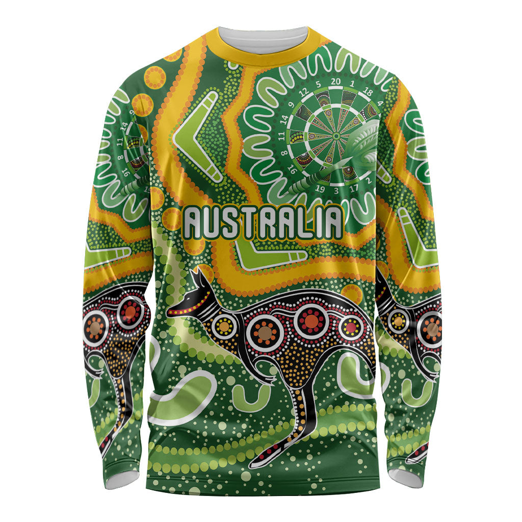 Australia Darts Personalised Long Sleeve Shirt Aboriginal Dot Art Boomerang Indigenous Style Graphic