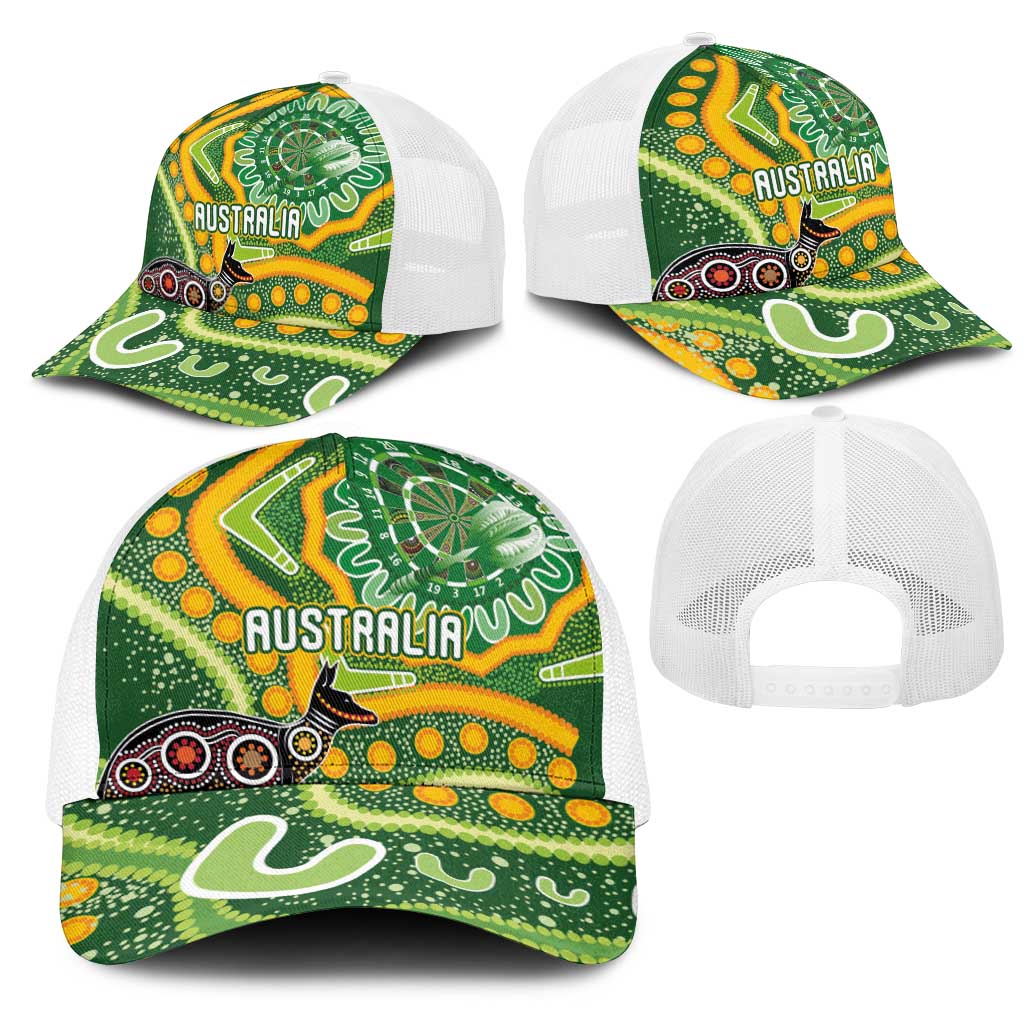 Australia Darts Mesh Trucker Cap Aboriginal Dot Art Boomerang Indigenous Style Graphic