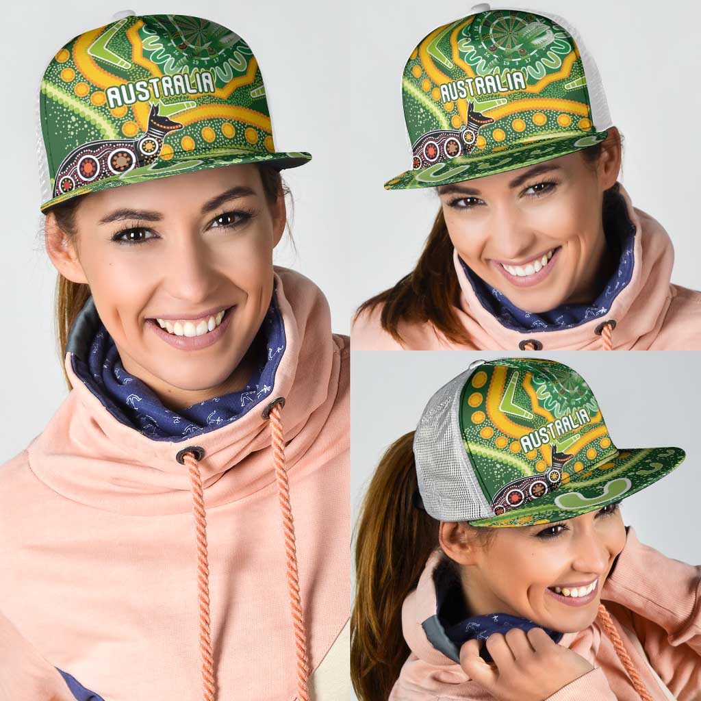 Australia Darts Mesh Trucker Cap Aboriginal Dot Art Boomerang Indigenous Style Graphic